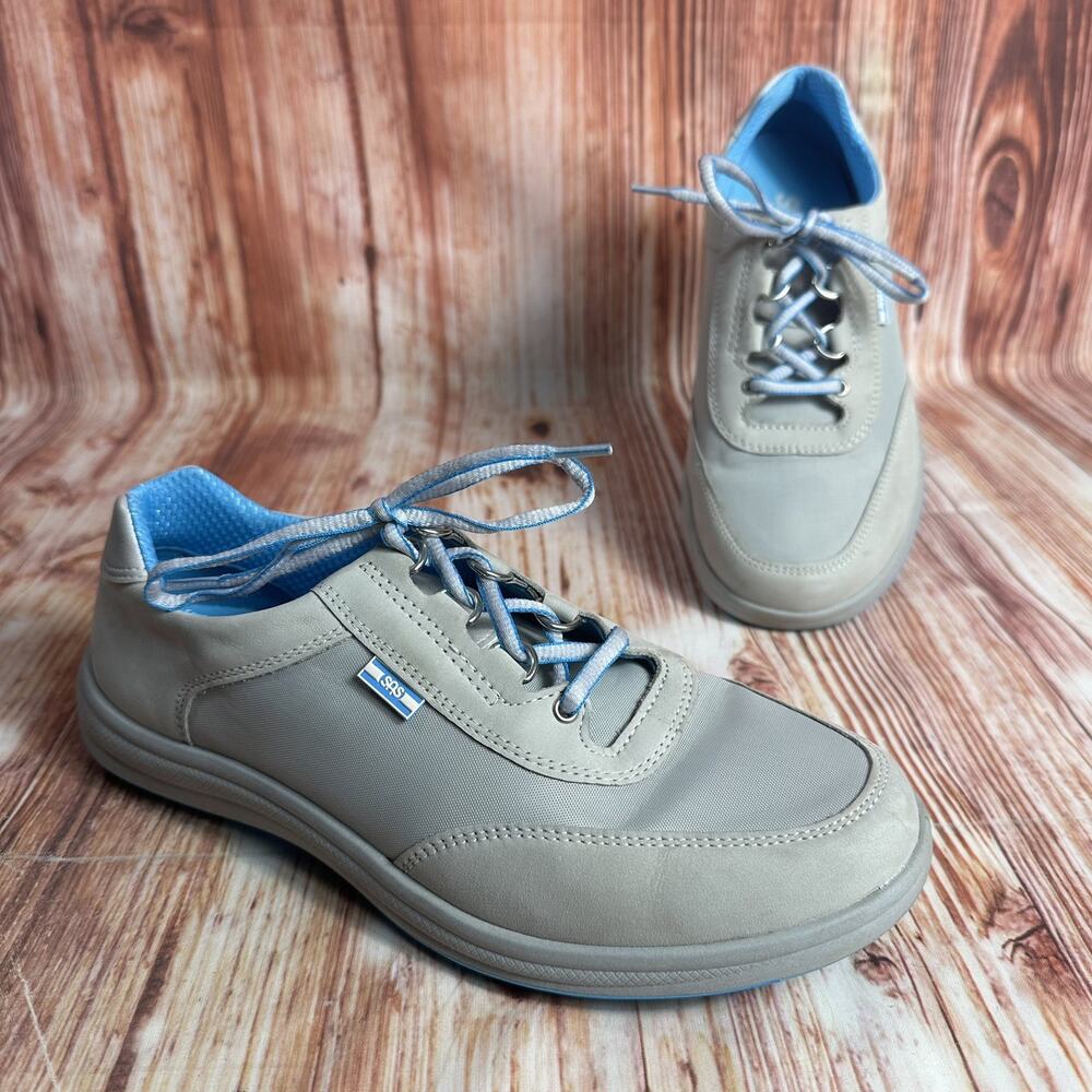 SAS Sporty Sneakers Womens Size 8 Wide Silver Blue Leather Walking Oxford Shoes